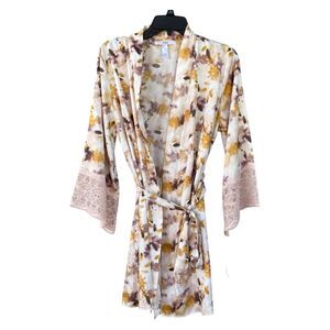 NWT Flora lace trim floral satin wrap robe in watercolor print Size S/M